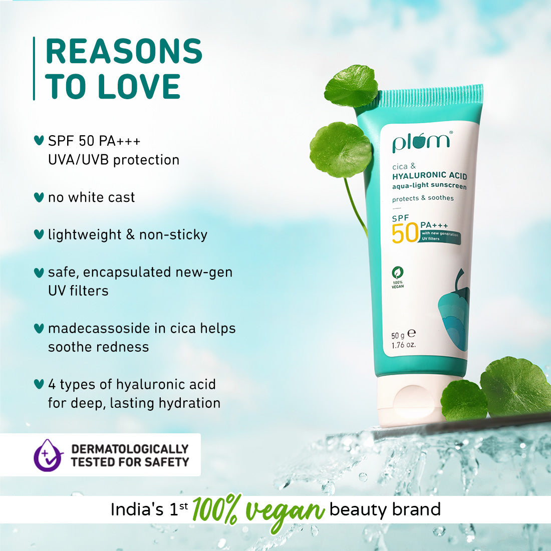 Plum Cica & Hyaluronic Acid SPF 50 Sunscreen | Safe, New Gen UV Filters | Non-Sticky| Non-Oily, 50g Buy at Indicrest Image 2
