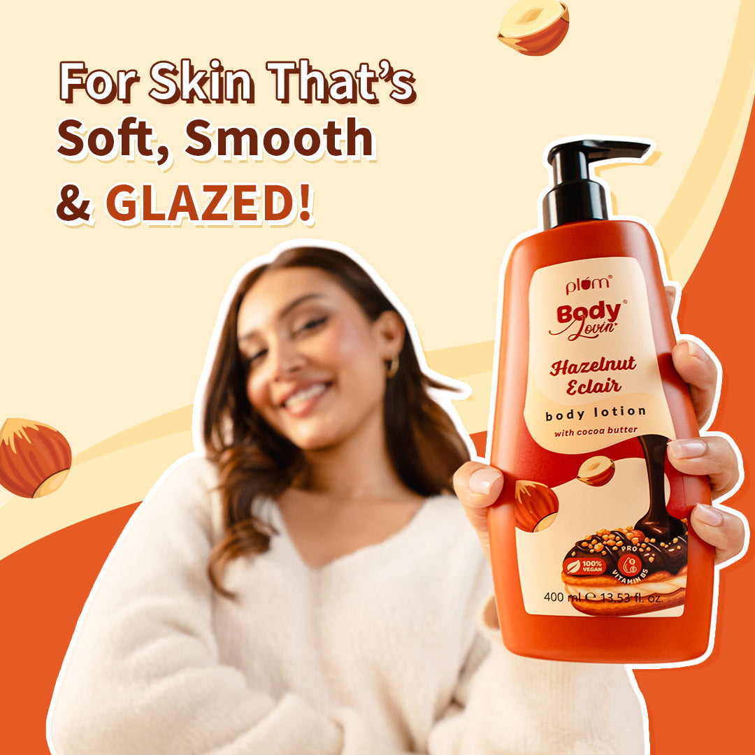 Plum Hazelnut Eclair Body Lotion by Plum BodyLovin' | Deep Moisturization | Cocoa Butter & Vitamin B5 | Decadent Hazelnut Chocolate Fragrance | Non-Greasy & Lightweight, 400ml Buy at Indicrest Image 4