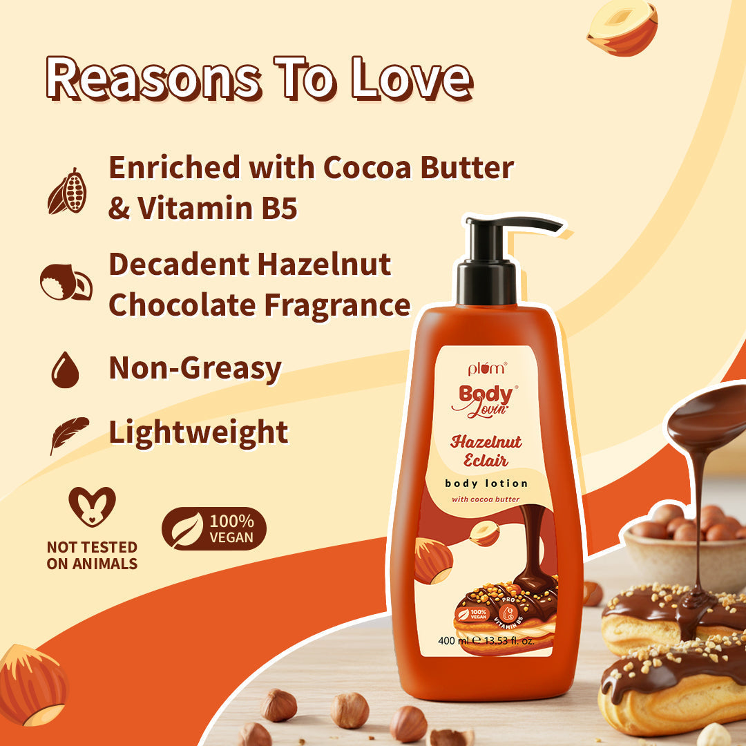 Plum Hazelnut Eclair Body Lotion by Plum BodyLovin' | Deep Moisturization | Cocoa Butter & Vitamin B5 | Decadent Hazelnut Chocolate Fragrance | Non-Greasy & Lightweight, 400ml Buy at Indicrest Image 5