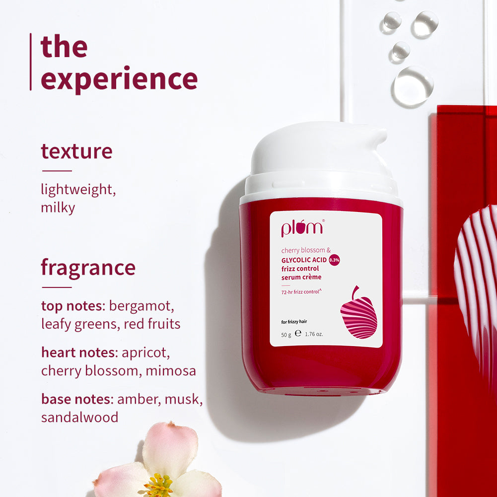 Plum 0.3% Glycolic Acid & Cherry Blossom Frizz Control Serum Creme | 72-Hr Humidity-Proof Frizz Control, 50g Buy at Indicrest Image 6