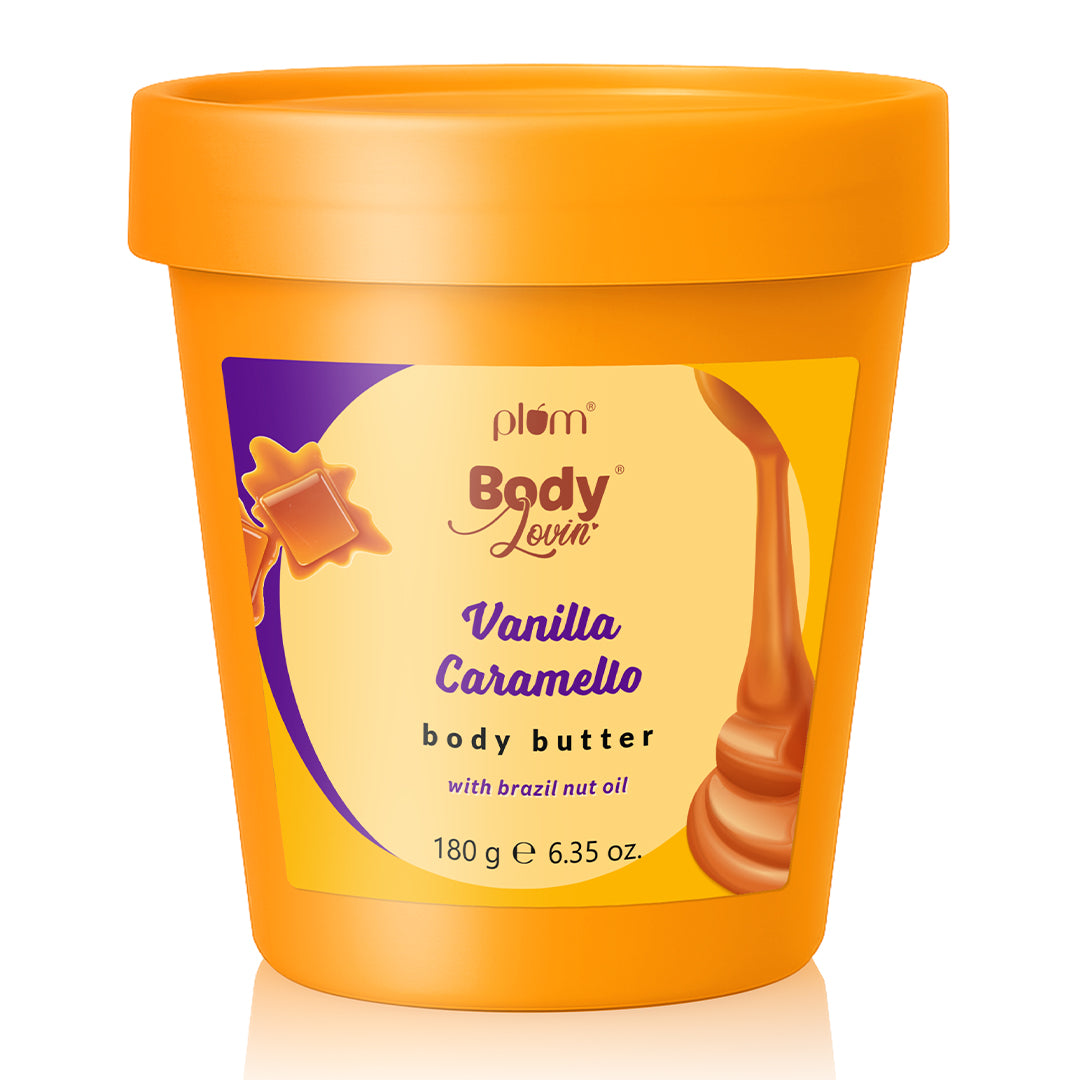 Plum Vanilla Caramello Body Butter by Plum BodyLovin' | Deep Moisturization | Shea Butter & Brazil Nut Oil | Vanilla & Salted Caramel | Non-Greasy & Lightweight, 180g Buy at Indicrest Image 8