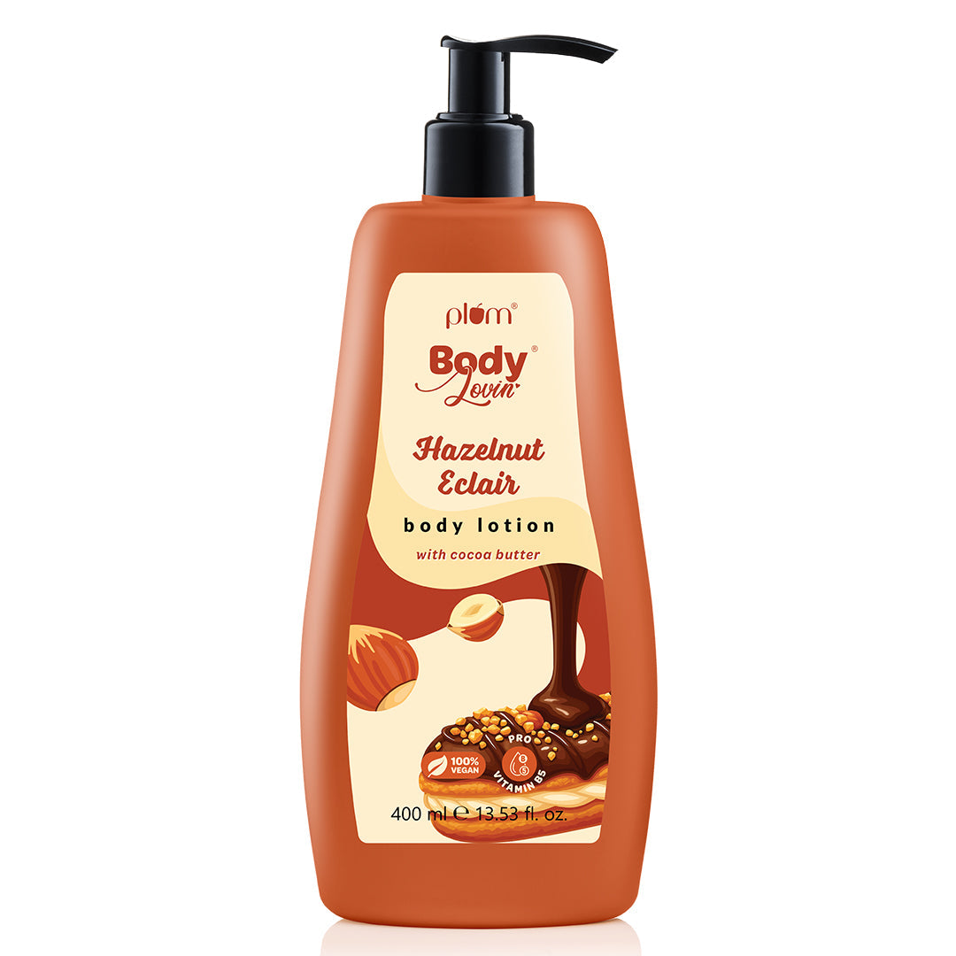 Plum Hazelnut Eclair Body Lotion by Plum BodyLovin' | Deep Moisturization | Cocoa Butter & Vitamin B5 | Decadent Hazelnut Chocolate Fragrance | Non-Greasy & Lightweight, 400ml Buy at Indicrest Image 8