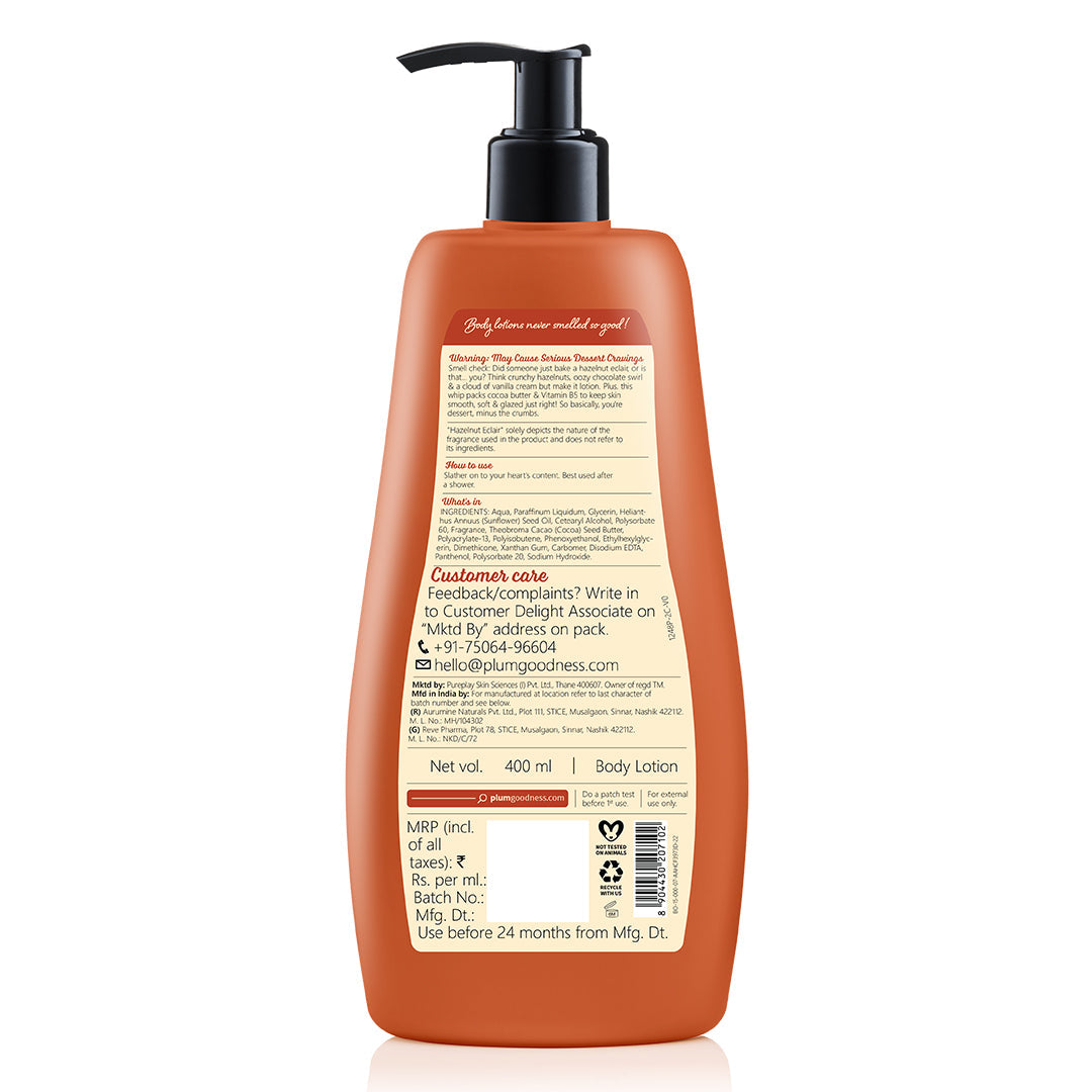 Plum Hazelnut Eclair Body Lotion by Plum BodyLovin' | Deep Moisturization | Cocoa Butter & Vitamin B5 | Decadent Hazelnut Chocolate Fragrance | Non-Greasy & Lightweight, 400ml Buy at Indicrest Image 9