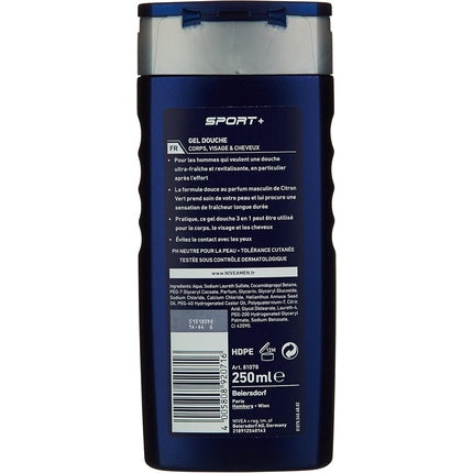 Nivea Men Sport 3-in-1 Shower Gel for Body, Face & Hair, 250ml