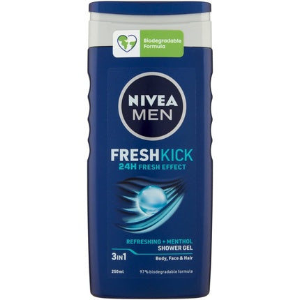 Nivea Men Fresh Kick Refreshing + Menthol Shower Gel 3-in-1 for Body, Face & Hair, 250ml