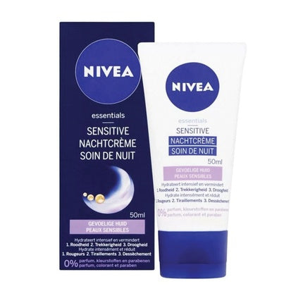 Nivea Essentials Sensitive Night Cream, 50ml - Soothing Overnight Face Moisturiser for Sensitive Skin