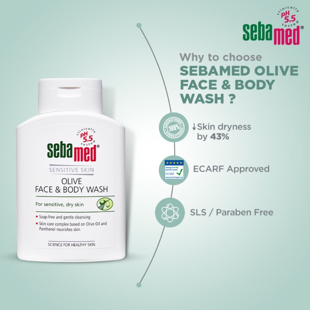 Sebamed Olive Face & Body Wash, PH 5.5, Soap Free, Sensitive Dry Skin, With Olive Oil & Panthenol, 200ml Buy at Indicrest Image 4