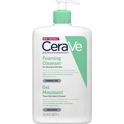 CeraVe Foaming Cleanser for Normal to Oily Skin, 1000ml Foaming Face & Body Cleansing Gel with Ceramides and Niacinamide