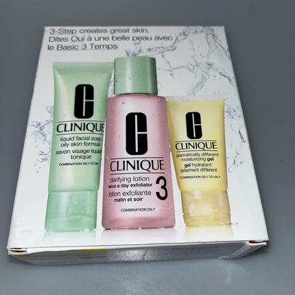Clinique 3-Step Skincare System Travel Size Set Type 2 for Combination to Oily Skin - Cleanse, Exfoliate & Hydrate Kit