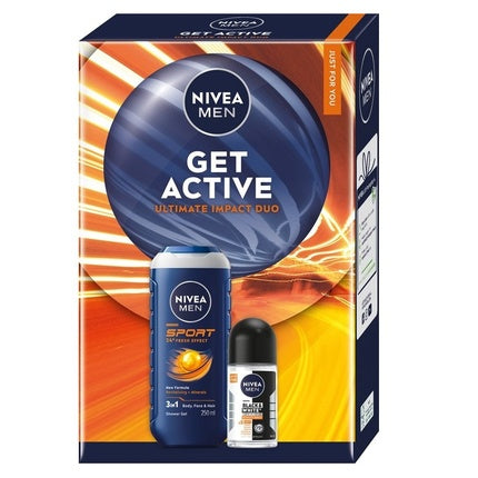 Nivea Men Get Active Ultimate Impact Duo Sport Shower Gel & Black & White Invisible 5 In 1 Antiperspirant Roll-On Gift Set