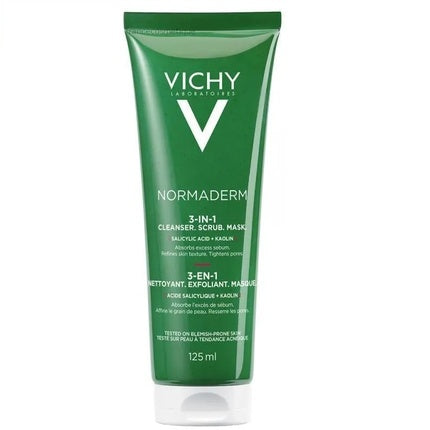 Vichy Normaderm 3-in-1 Cleanser Scrub & Mask, 125ml Multi-Action Face Cleanser for Oily & Blemish-Prone Skin