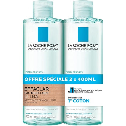 La Roche-Posay Effaclar Ultra Micellar Water for Oily Skin, 400ml Pack of 2 Makeup Remover & Facial Cleanser
