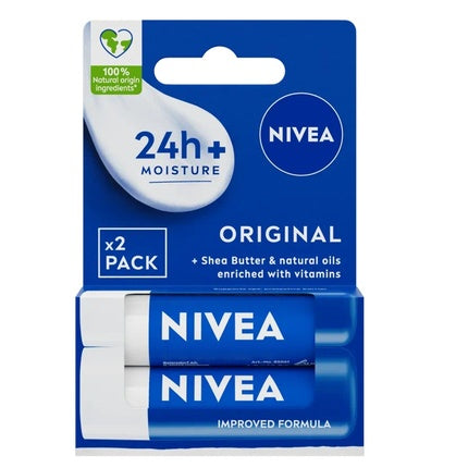 Nivea Original Care Lip Balm, 2 x 4.8g Twin Pack Moisturizing Lip Care with Shea Butter & Natural Oils