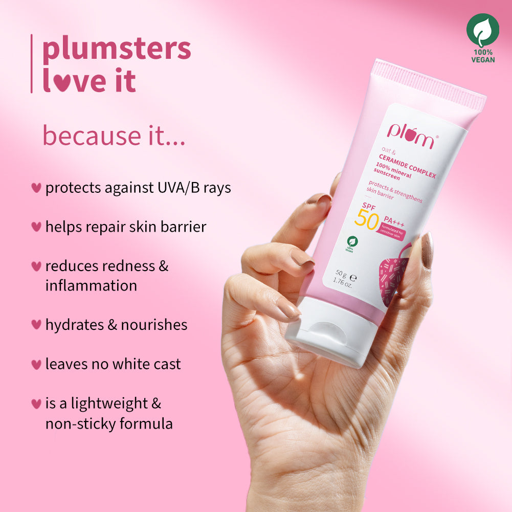 Plum Plum Oat & Ceramide Complex 100% Mineral Sunscreen | Spf 50 PA+++ | No White Cast | For Sensitive Skin | Gynaecologist & Pediatrician Trusted | Strengthens Skin Barrier | Lightweight, Non-Oily | Men & Women, 50g Buy at Indicrest Image 7