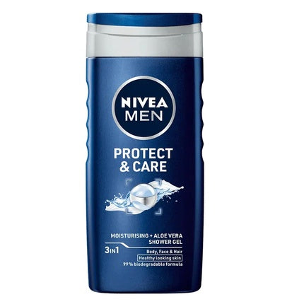 Nivea Men Protect & Care Shower Gel, 250ml – 3-in-1 Body, Face & Hair Wash with Aloe Vera