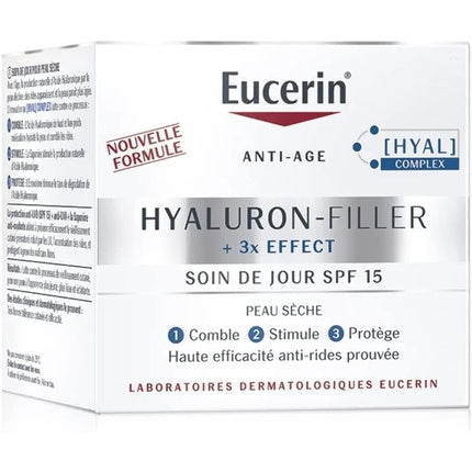 Eucerin Hyaluron-Filler+ 3x Effect Day Cream SPF 15 for Dry Skin, 50ml Pack of 3 Anti-Ageing Face Moisturiser