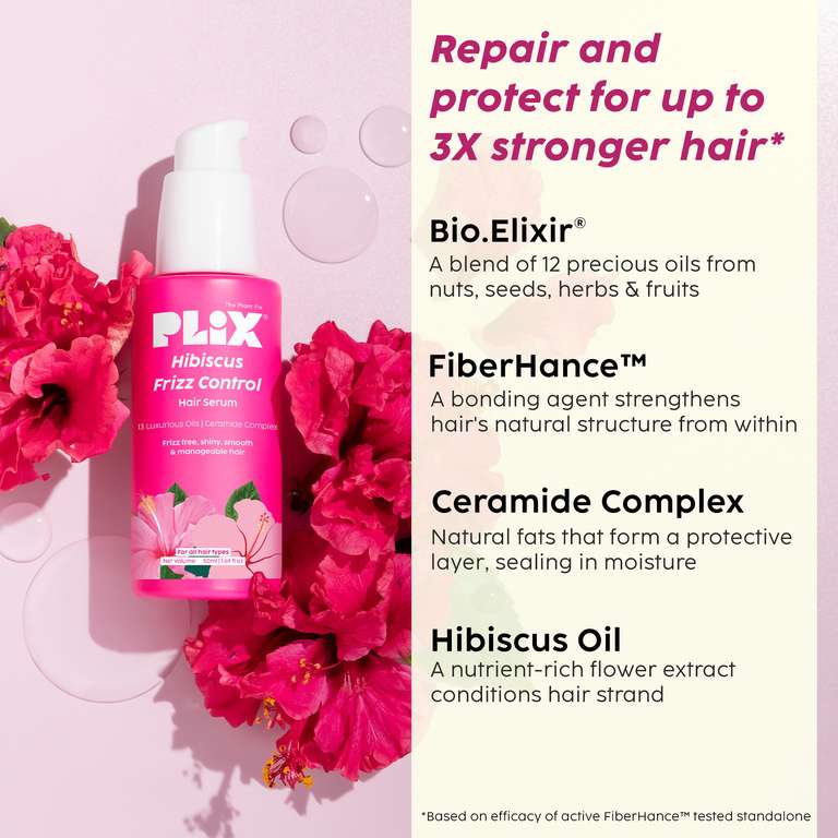 Plix Hibiscus Frizz Control Hair Serum | Powered by 13 Oils for 3X Stronger, Shinier Hair, 50ml Buy at Indicrest Image 4