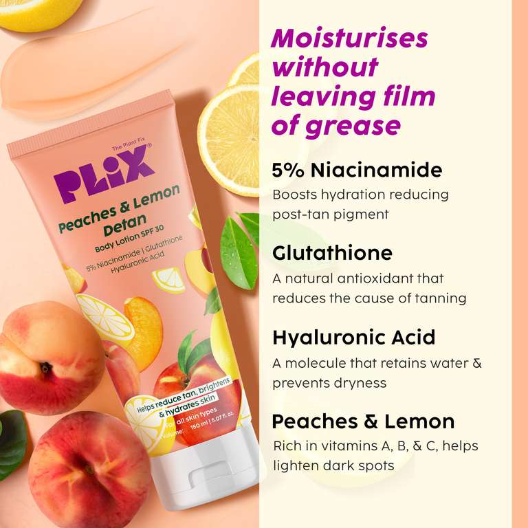 Plix Peaches & Lemon Detan Body Lotion with SPF 30 | Brightens & Moisturizes for Softer Skin, 150ml Buy at Indicrest Image 4
