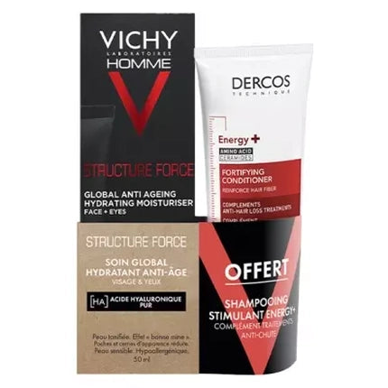 Vichy Homme Structure Force Global Hydrating Anti-Ageing Care, 50ml with FREE Dercos Energy Shampoo, 50ml