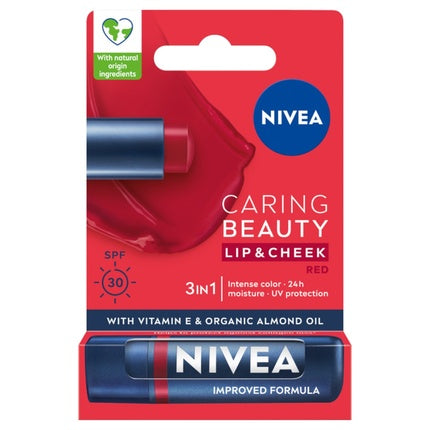 Nivea Caring Beauty 3 in 1 Caring Lip Balm Red, 4.8g Moisturizing Tinted Lip Balm