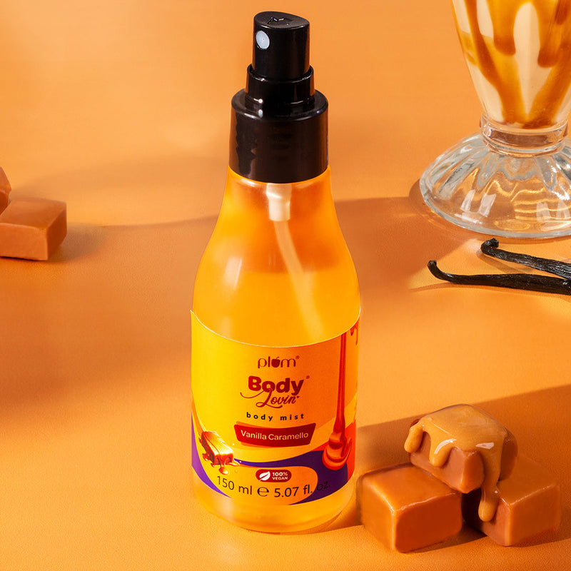 Plum Vanilla Caramello Body Mist by Plum BodyLovin' | Long Lasting |Travel-Friendly | Delicious Warm Vanilla & Caramel Fragrance | Perfume Body Spray, 150ml Buy at Indicrest