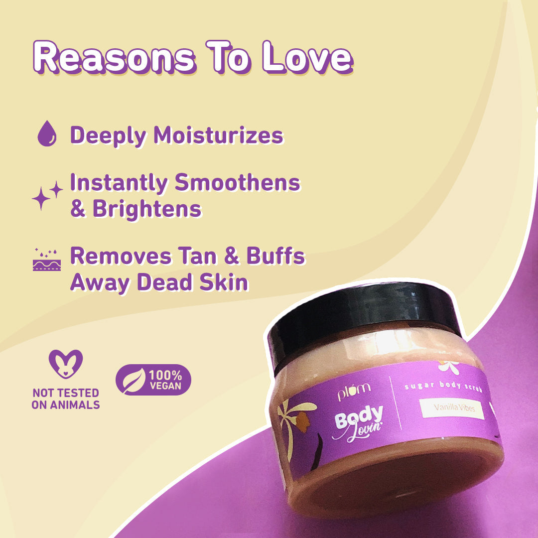 Plum Vanilla Vibes Sugar Body Scrub by Plum BodyLovin' | Exfoliates & Brightens Skin | Removes Tan | Non-Drying | Improves Skin Texture | Warm Vanilla Fragrance, 100g Buy at Indicrest Image 4