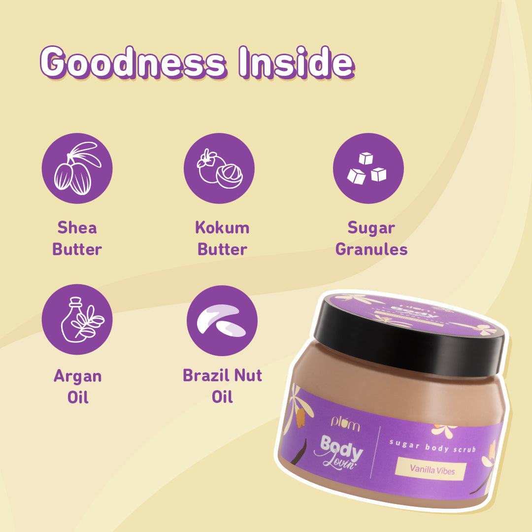 Plum Vanilla Vibes Sugar Body Scrub by Plum BodyLovin' | Exfoliates & Brightens Skin | Removes Tan | Non-Drying | Improves Skin Texture | Warm Vanilla Fragrance, 100g Buy at Indicrest Image 5