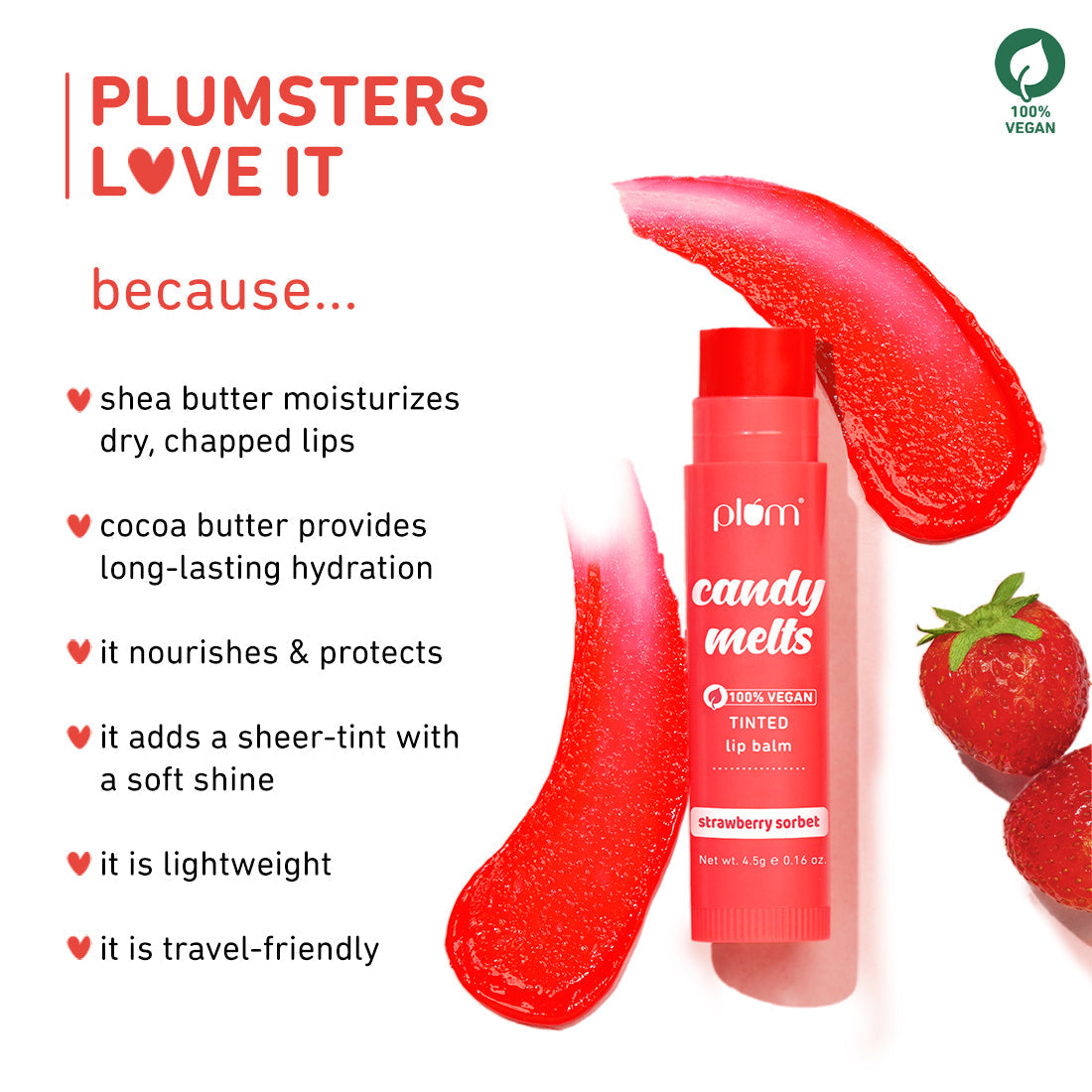 Plum Candy Melts Strawberry Sorbet Tinted Lip Balm | Nourishes & Protects | Sheer-Tint | Velvety Smooth, 4.5g Buy at Indicrest Image 3