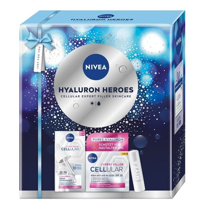 Nivea Hyaluron Heroes Expert Filler Cellular Skincare Gift Set with Hyaluron Serum, 15ml, Anti-Age Day Cream SPF30, 50ml & Moisturizing Lip Balm 4.8g
