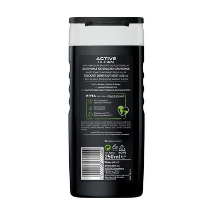 Nivea Men Active Clean Shower Gel, 250ml 3-in-1 Body, Face & Hair Cleanser