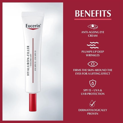 Eucerin Hyaluron-Filler + Volume-Lift Eye Cream SPF15, 15ml Anti-Ageing Eye Cream with Hyaluronic Acid & Magnolol