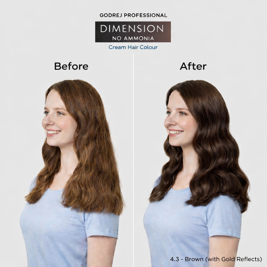 Godrej Professional Dimension No Ammonia Cream Hair Colour 4.3 Brown before and after result showing visible hair colour transformation