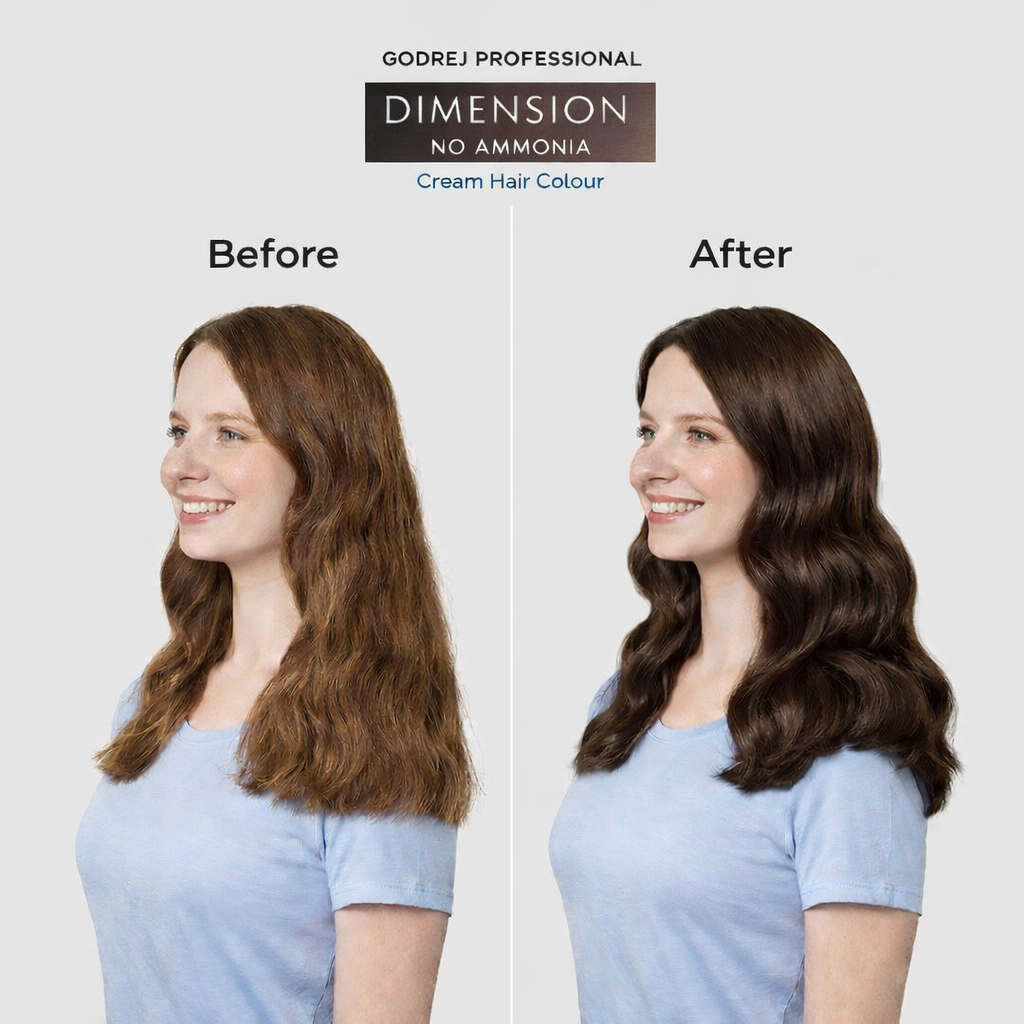 Godrej Professional Dimension No Ammonia Cream Hair Colour 5G Light Brown before and after result showing visible hair colour transformation