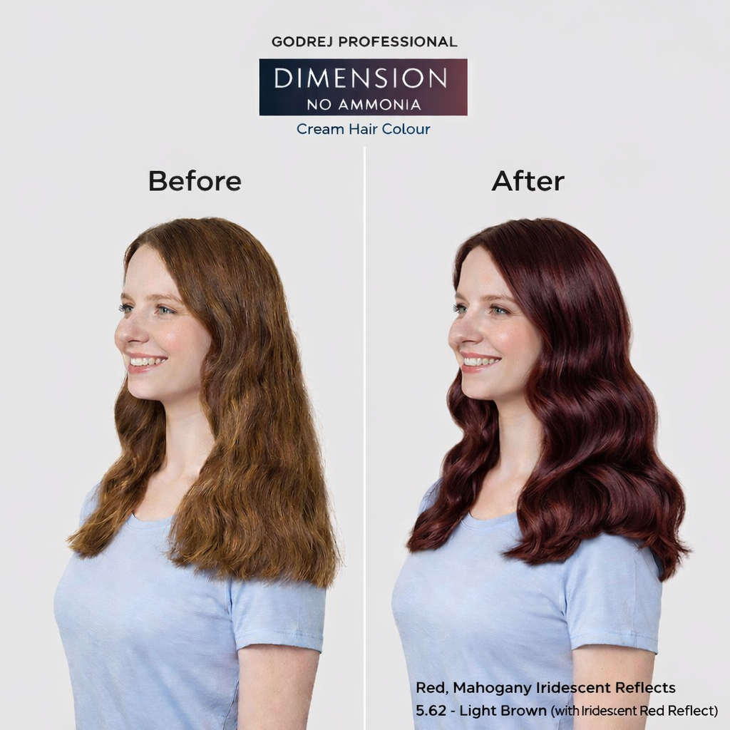 Godrej Professional Dimension No Ammonia Cream Hair Colour Red Mahogany Iridescent Reflects 5.62 Light Brown before and after result showing visible hair colour transformation