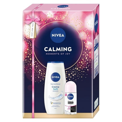 Nivea Calming Moments of Joy Gift Set Cream Soft Shower Gel, 250ml & Black & White Invisible Antiperspirant Roll-On, 50ml